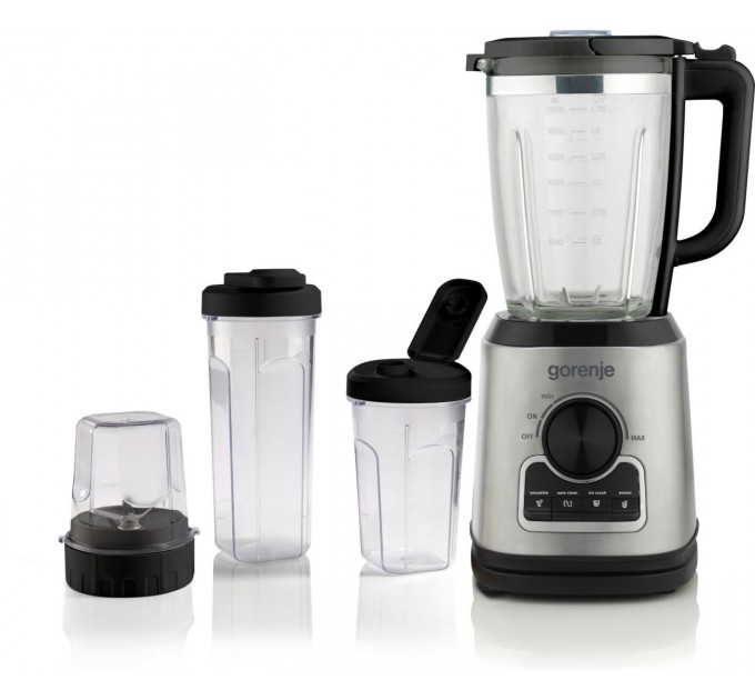 Блендер Gorenje стаціонарний 1400Вт, чаша-1750мл, додаткові ємкості, кавомолка, кришення льоду, приготування супу, імпульсний режим, метал