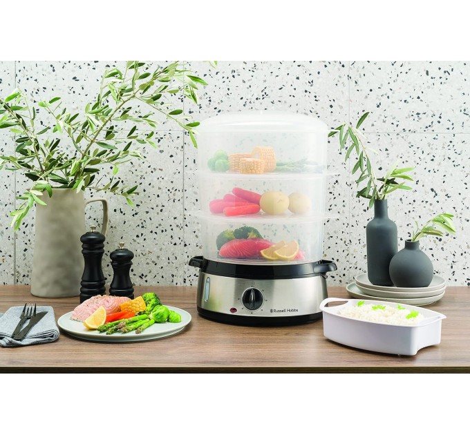Пароварка Russell Hobbs Cook&Home 800Вт, чаша-3/3/3л, резервуар для воды -1л, механическое управл., 3 яруса, металл/пластик, черный