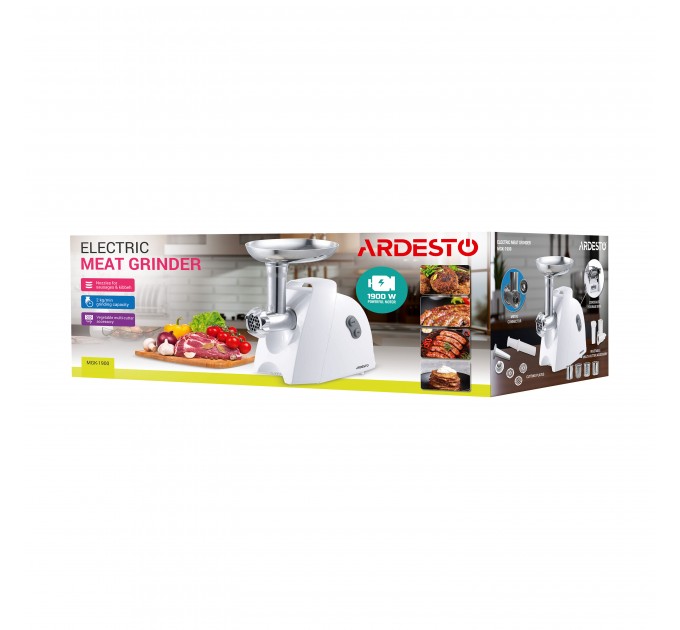 Мясорубка ARDESTO, 1900Вт, 1.8кг/мин, 3 решетки, насадка для колбас, кеббе, 4 терки, пластик, белый