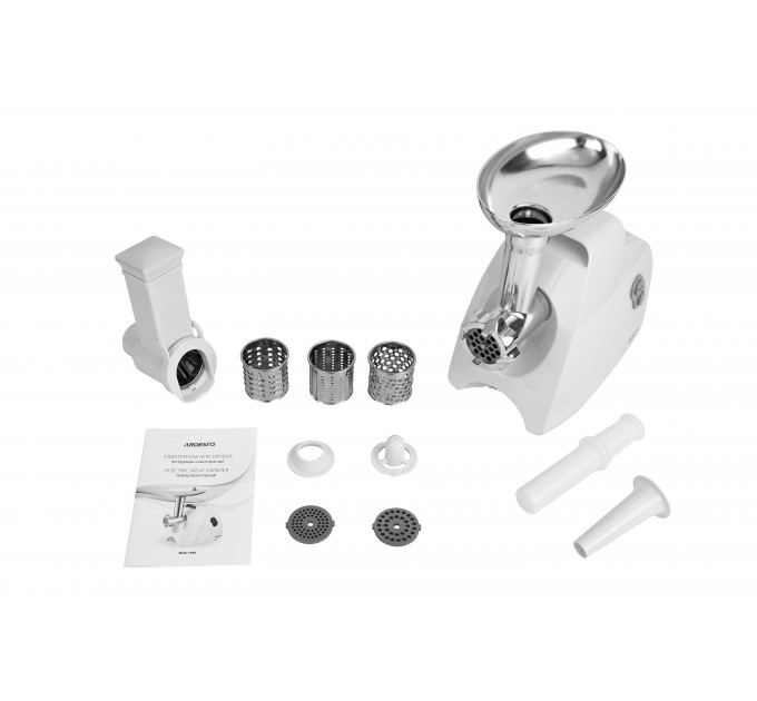 Мясорубка ARDESTO, 1900Вт, 1.8кг/мин, 3 решетки, насадка для колбас, кеббе, 4 терки, пластик, белый