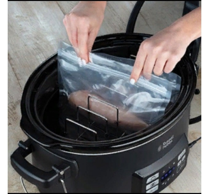 Медленноварка Russell Hobbs SouseVide, 350Вт, чаша-6.5л, электронное управл., 2 щупа, вакуум, нерж. сталь, черный