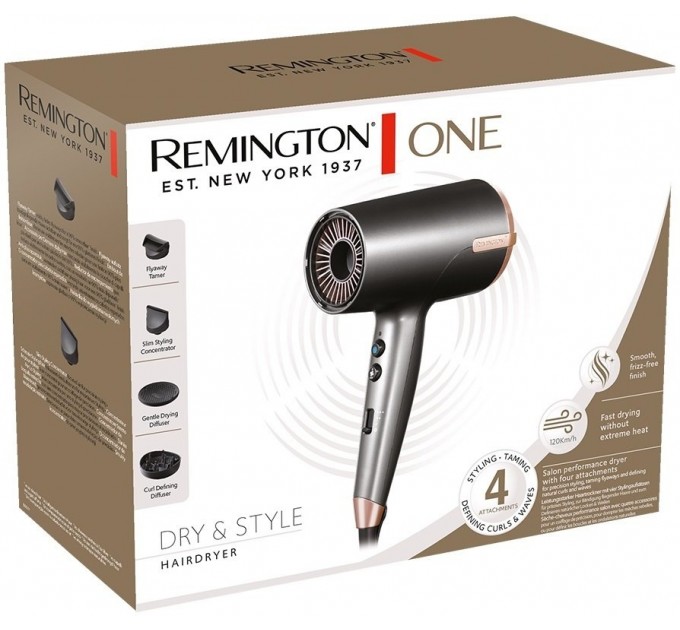 Фен Remington One, 2000Вт, режимов-8, дифузор,чехол,иониз-я, хол. обдув, серый
