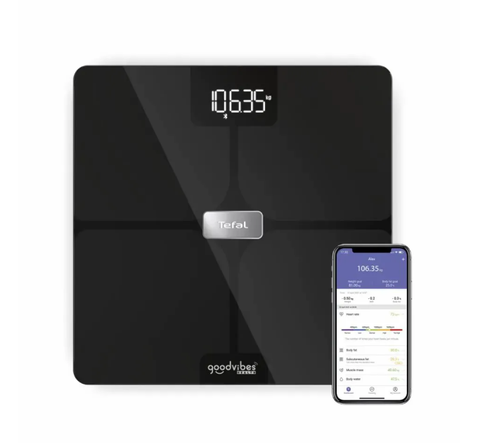 Весы Tefal напольные Body Fat Goodvibes Health, 180кг, BT, 1 х Li-ion, скло, чорний
