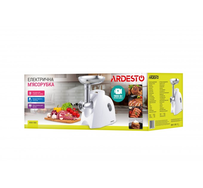 Мясорубка ARDESTO, 1900Вт, 1.8кг/мин, 3 решетки, насадка для колбас, кеббе, 4 терки, пластик, белый