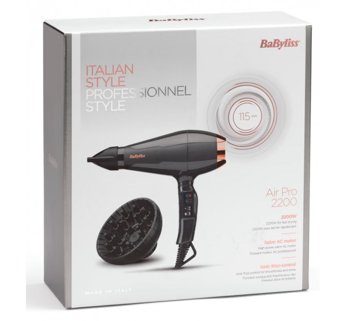 Фен Babyliss Air Pro, 2200Вт, 2 режими, дифузор, іоніз-я, хол. обдув, чорний