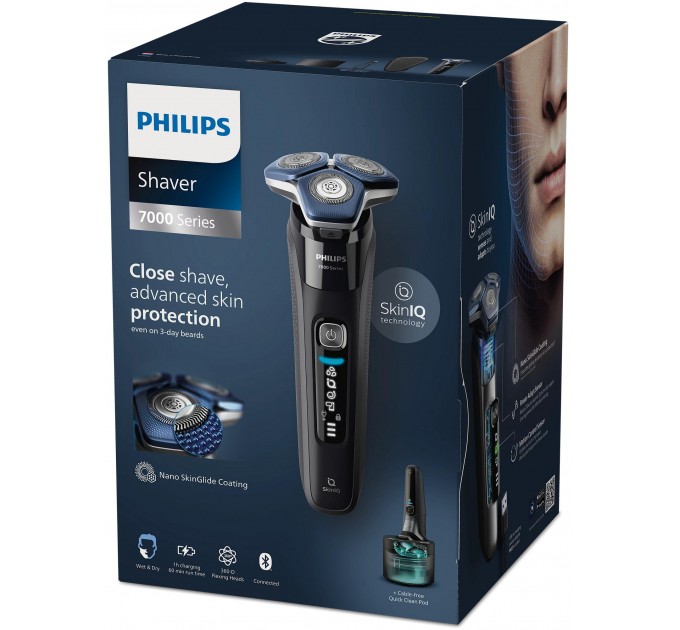 Бритва електр. Philips Series 7000 роторная, бритв.головок-3, Li-Ion, сух.+влажн., триммер, индикат. заряда, триммер, чехол, синий