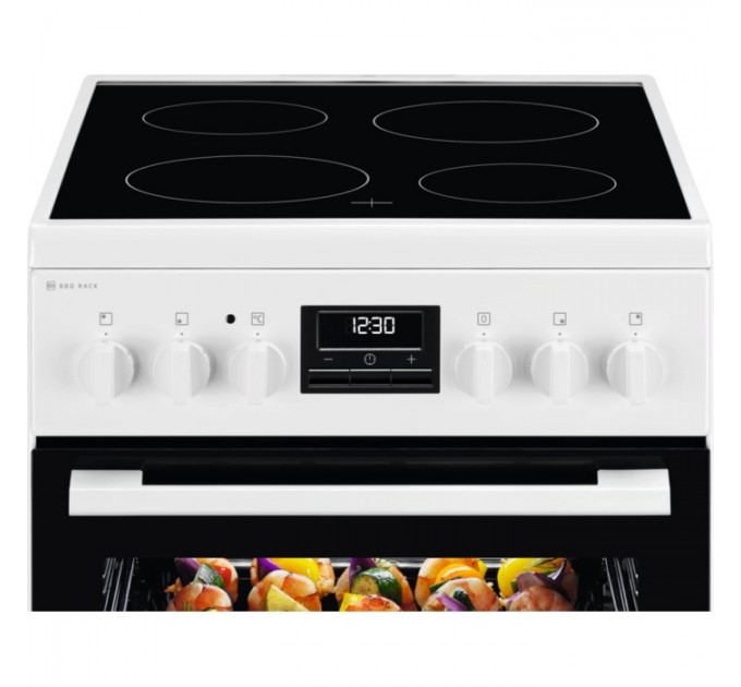 Плита Electrolux электрическая стеклокерамическая, 57л, 50x60см, дисплей, конвекция, противень для барбекю, белый