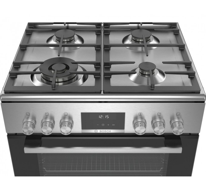 Плита Bosch комбінована, 66л, 60x60см, дисплей, конвекція, чавун, WOK, нержавіюча сталь