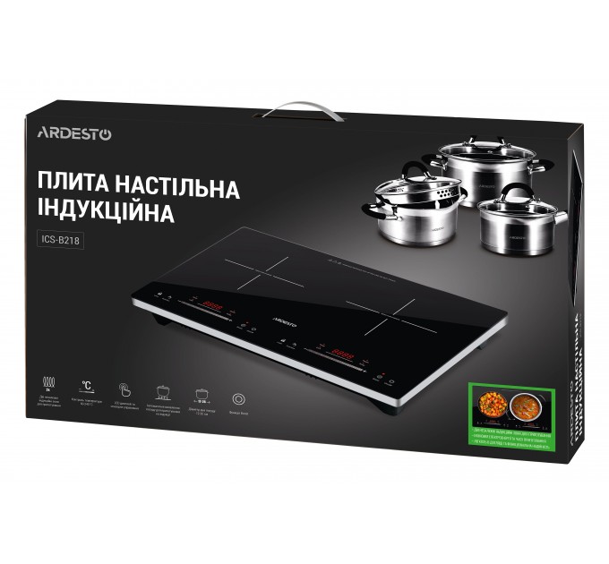 Плитка настольная ARDESTO индукционная, конф. - 2 на 1.3кВт и 1.8кВт горизонт., управл. - сенсорное, таймер, boost, черный