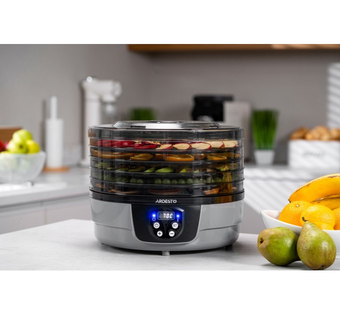 Сушка для продуктов ARDESTO FDB-532TTC, 250Вт, поддонов -5x3см, диаметр-32см, макс-70°С, таймер, электр. управление, пластик, белый