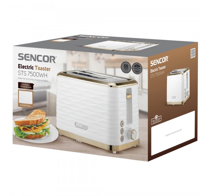 Тостер Sencor 930Вт, подогрев, разморозка, подсветка пластик, бело-золотой