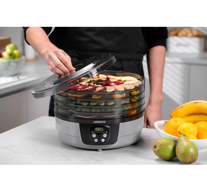 Сушка для продуктов ARDESTO FDB-532TTC, 250Вт, поддонов -5x3см, диаметр-32см, макс-70°С, таймер, электр. управление, пластик, белый
