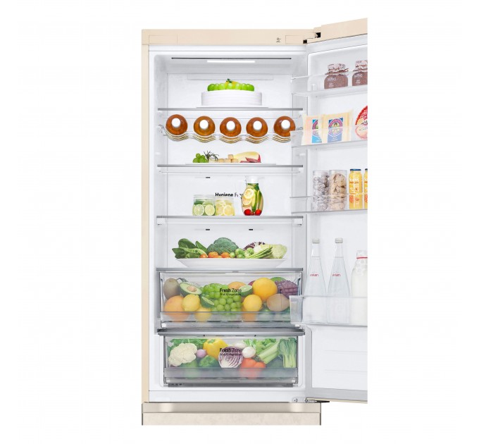 Холодильник LG с нижн. мороз., 203x60х68, холод.отд.-277л, мороз.отд.-110л, 2дв., E, NF, инв., диспл внешн., зона св-ти, бежевый