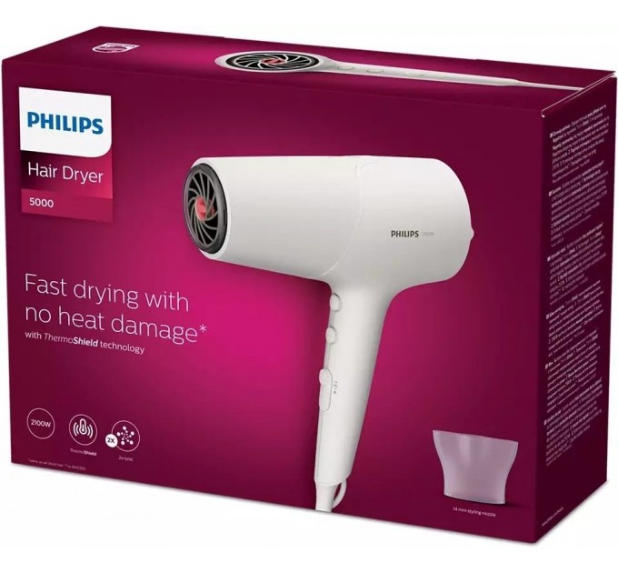 Фен Philips 5000 Series, 2100Вт, 3 режими, іонізація, хол. обдув, білий