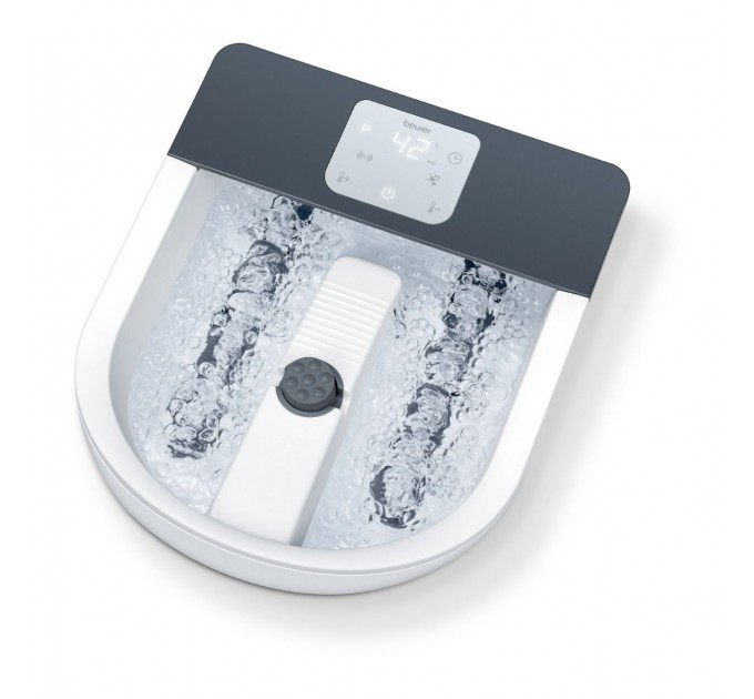 Масажна ванночка Beurer для ніг, від мережі, 3 насадки, підтрим. температури води, сенс. керув., біло-сірий
