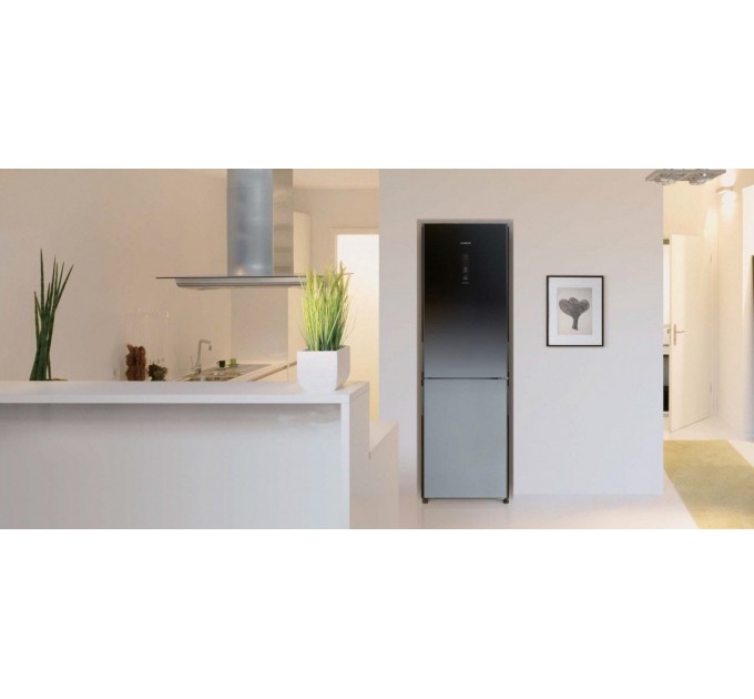 Холодильник Hitachi з нижн. мороз., 190x60х65, холод.відд.-215л, мороз.відд.-115л, 2дв., А++, NF, інв., зона нульова, сірий чорний (скло)