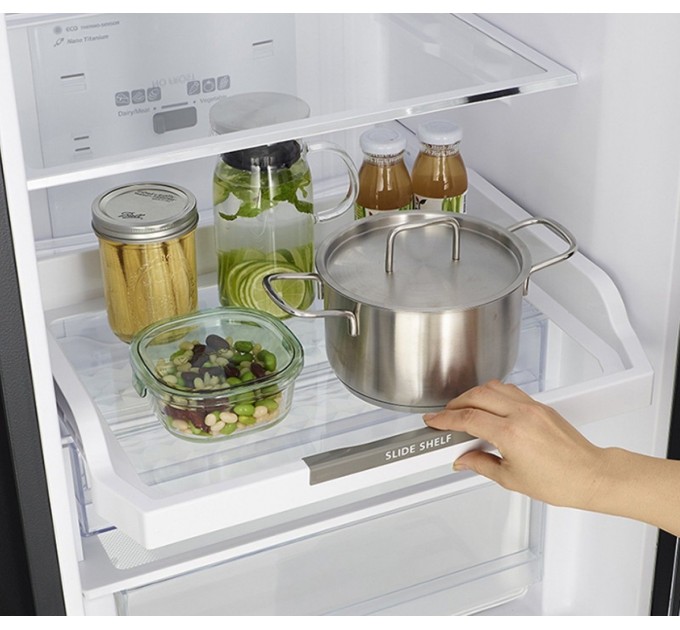 Холодильник Hitachi з нижн. мороз., 190x60х65, холод.відд.-215л, мороз.відд.-115л, 2дв., А++, NF, інв., зона нульова, сірий чорний (скло)