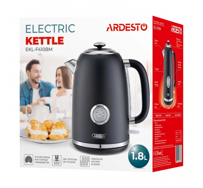 Электрочайник ARDESTO Vintage Dream 1.8л, Strix, металл, чёрный матовый