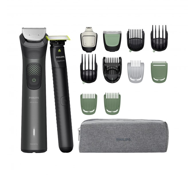 Тример Philips Series 9000, для обличчя, голови, тіла, акум., насадок-15, OneBlade в компл., сталь, сірий