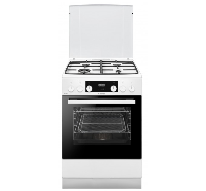 Плита Hansa комби, 77л, 60x60см, дисплей, конвекция, чугун, белый