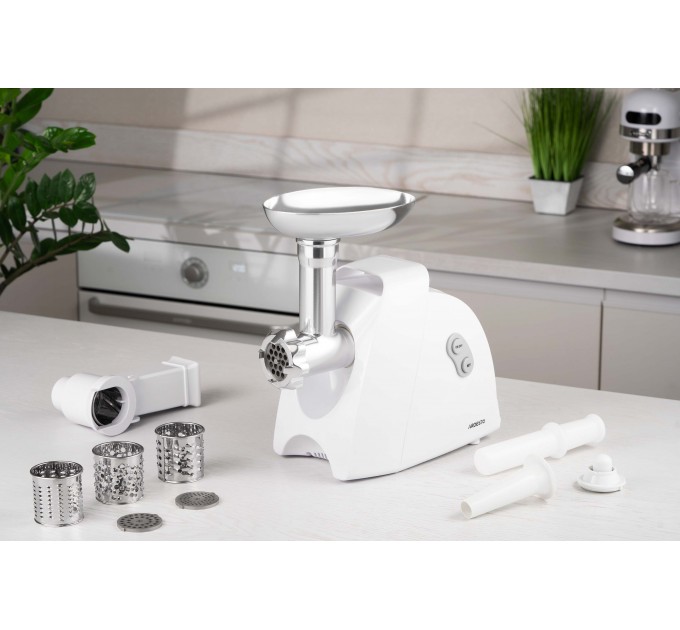 Мясорубка ARDESTO, 1900Вт, 1.8кг/мин, 3 решетки, насадка для колбас, кеббе, 4 терки, пластик, белый