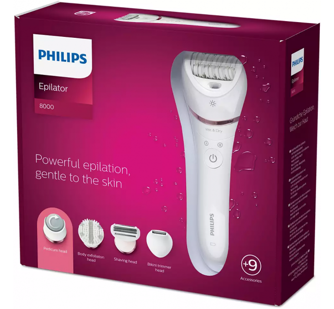 Эпилятор Philips 8000 series дисковый, аккумуляторный, пинцет.-32, влаж.+сух., с подсветкой, насадок-8, белый