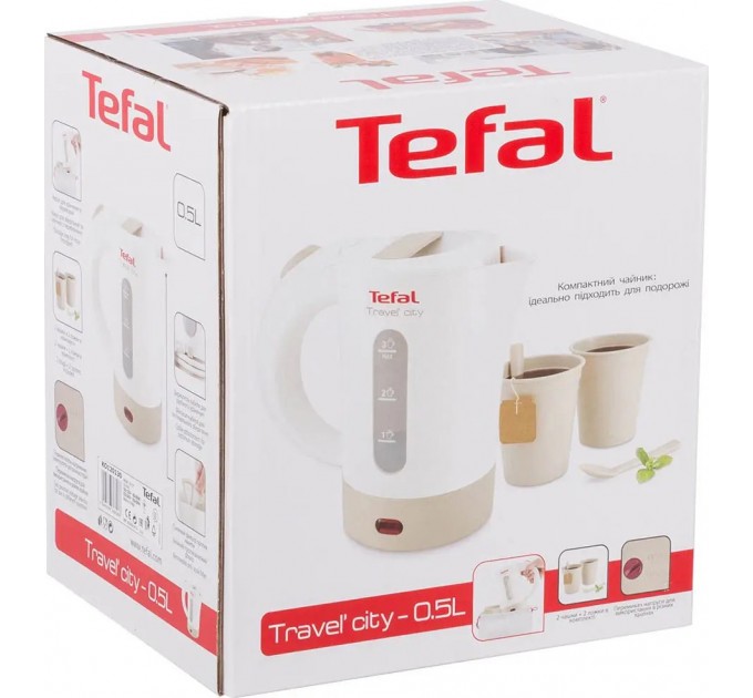 Электрочайник Tefal Travel-o-city 0.5л, Strix, пластик, в комплекте 2 стакана + 2ложки, бело-бежевый