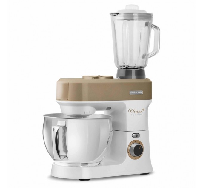 Кухонна машина Sencor 1200Вт, чаша-метал, корпус-пластик, насадок-19, коричнево-білий