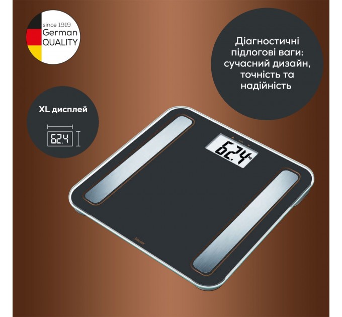 Весы Beurer напольные диагностические, 180кг, подсвеч., дисплея, 1хCR2032,стекло,черный