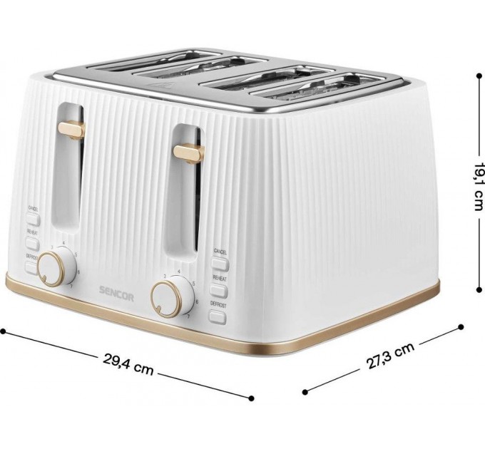 Тостер Sencor 1860Вт, подогрев, разморозка, 4 слота, пластик, белый