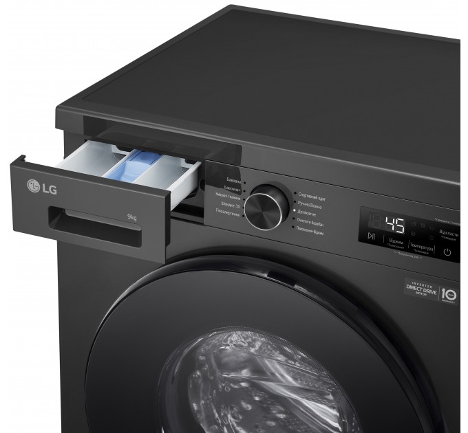 Пральна машина LG фронтальна, 9кг, 1200, A+++, 55см, дисплей, пара, інвертор, чорний