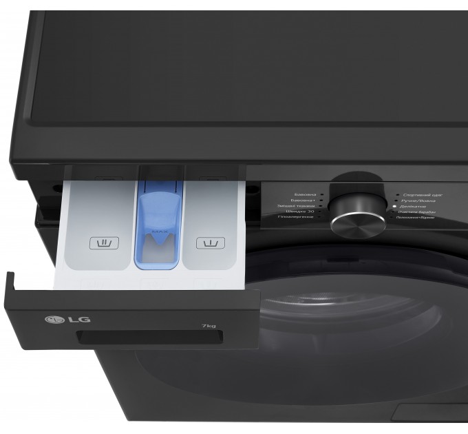 Стиральная машина LG фронтальная, 7кг, 1200, A+++, 44см, дисплей, пар, инвертор, черный