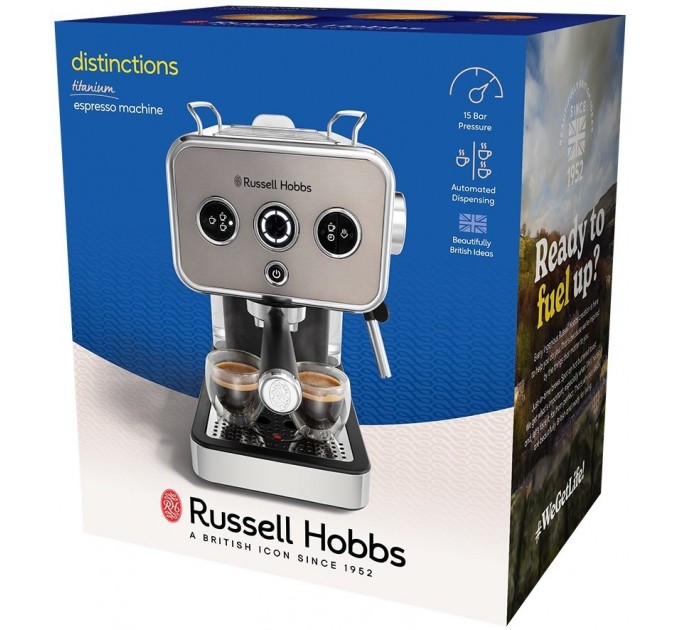 Кофеварка Russell Hobbs рожковая Distinctions Titanium 1.1л, молотый + чалды, серебристый
