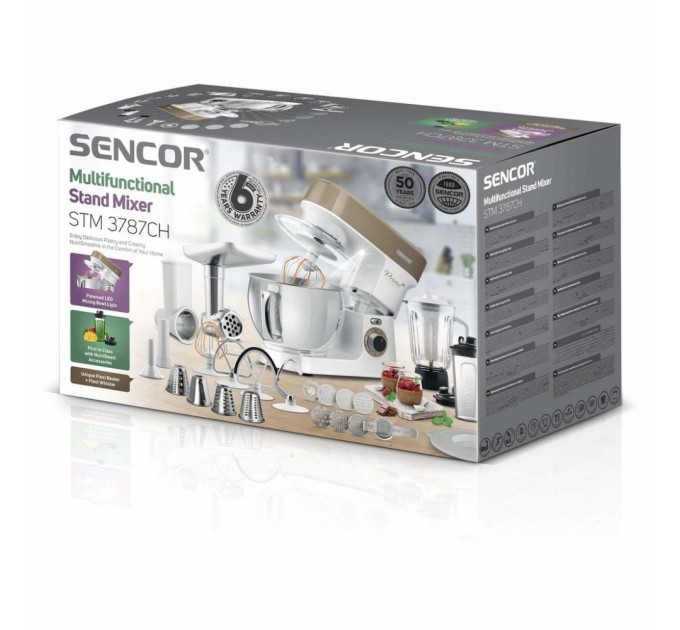 Кухонна машина Sencor 1200Вт, чаша-метал, корпус-пластик, насадок-19, коричнево-білий