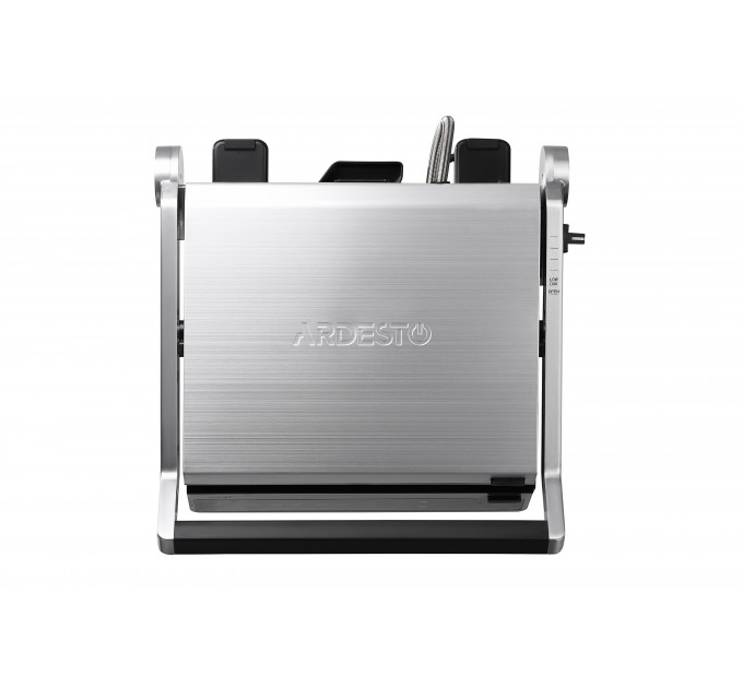 Гриль ARDESTO прижимний 2000Вт, темп. режимів-6, з`ємні пластини, розкриття на 180°, сріблястий