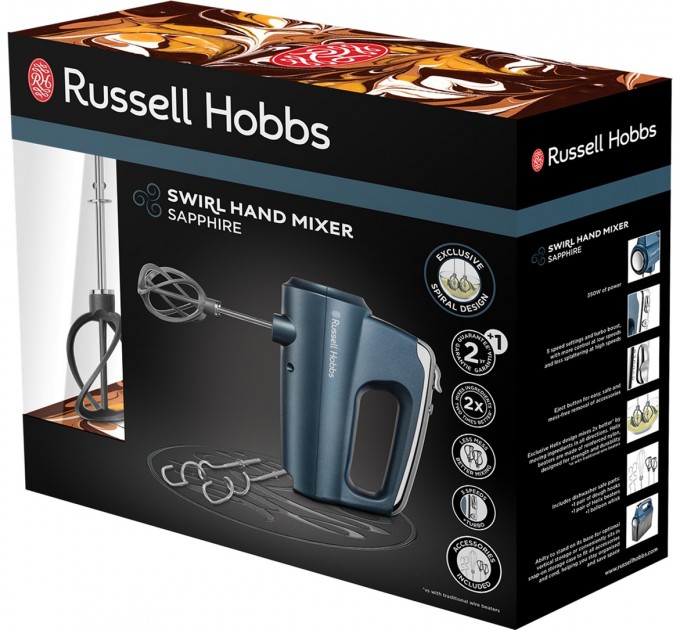 Міксер Russell Hobbs ручний Sapphire, 350Вт, насадки-4, турборежим, синій