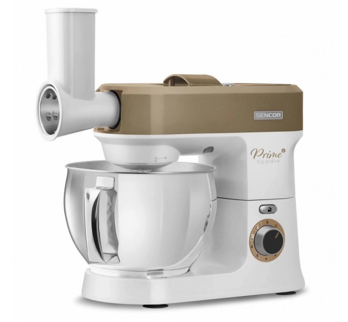 Кухонна машина Sencor 1200Вт, чаша-метал, корпус-пластик, насадок-19, коричнево-білий
