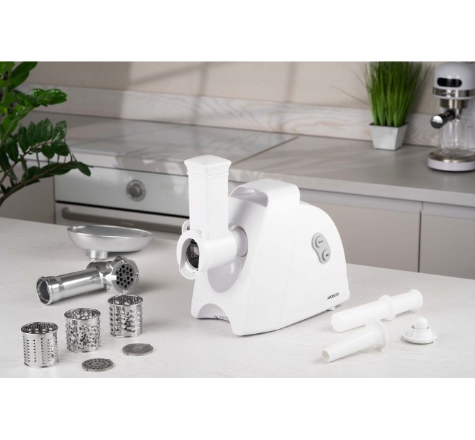 Мясорубка ARDESTO, 1900Вт, 1.8кг/мин, 3 решетки, насадка для колбас, кеббе, 4 терки, пластик, белый