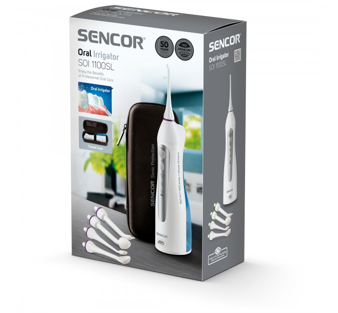 Ирригатор Sencor портативний, чаша 150 мл, Li-ion аккум. в компл., чехол, 10 насадок, белый