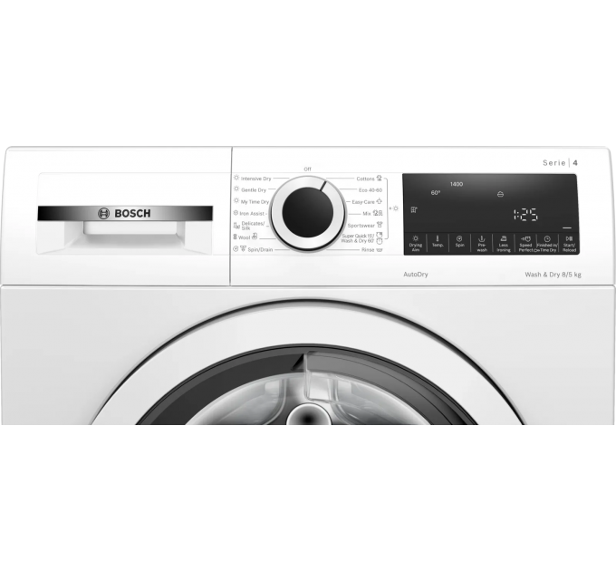 Стирально-сушильная машина Bosch фронтальная, 8(5)кг, 1400, E, 59см, дисплей, белый