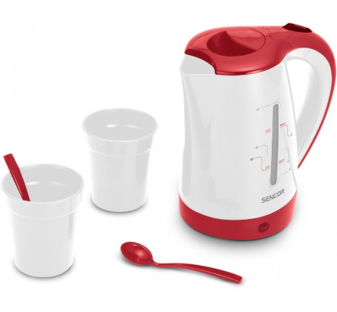 Електрочайник Sencor 0.5л, Strix, пластик, в комплекті 2 склянки + 2ложки, біло-червоний