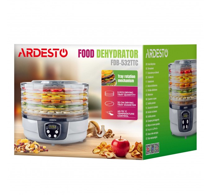 Сушка для продуктов ARDESTO FDB-532TTC, 250Вт, поддонов -5x3см, диаметр-32см, макс-70°С, таймер, электр. управление, пластик, белый