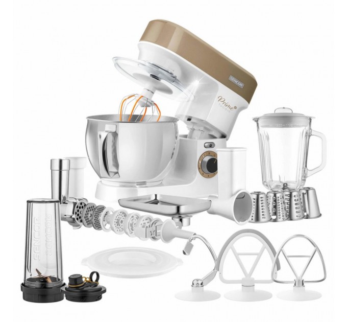 Кухонна машина Sencor 1200Вт, чаша-метал, корпус-пластик, насадок-19, коричнево-білий