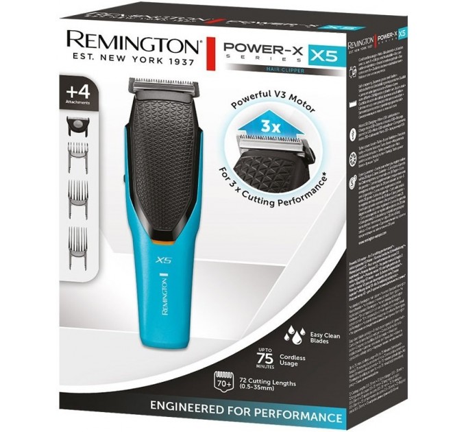 Машинка для стрижки Remington Power X Series X5, мережа+акум., роторний мотор, насадок-4, сталь, чорно-бірюзовий