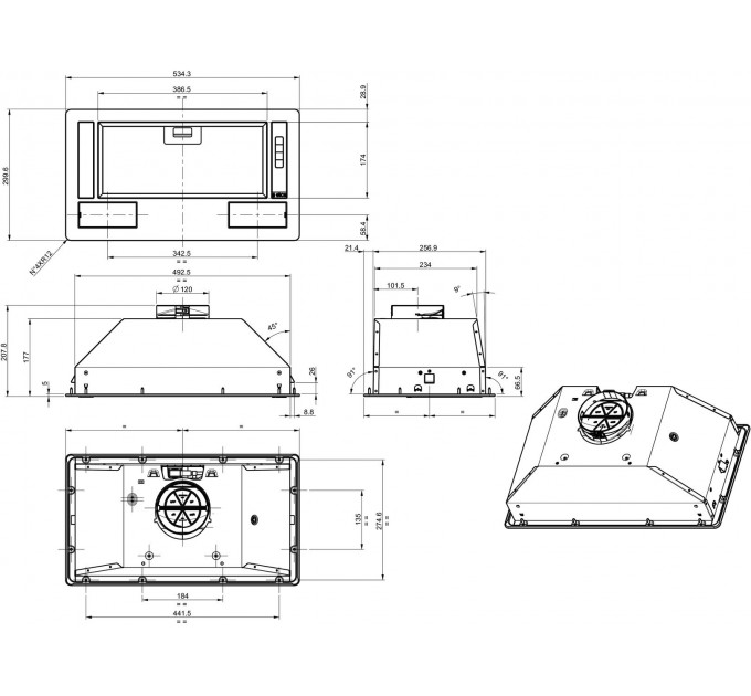 Вытяжка Gorenje встраиваемая, 54см, 370м.куб/ч, серый