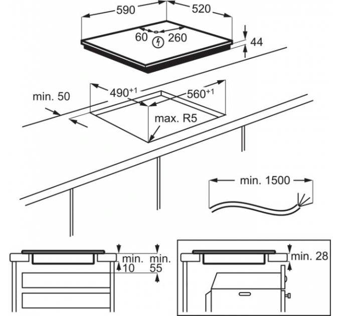 Варочная поверхность Electrolux индукционная, 60см, расширенная зона, датчик кипения, Hob2Hood, черный