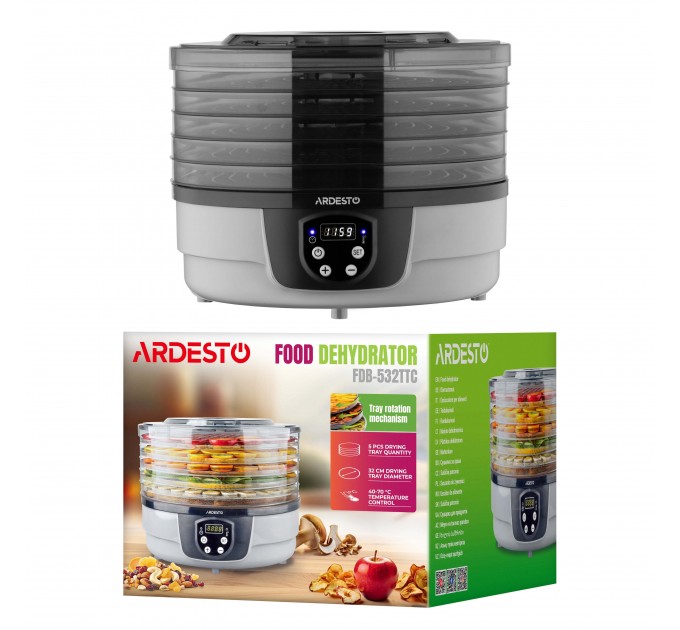 Сушка для продуктов ARDESTO FDB-532TTC, 250Вт, поддонов -5x3см, диаметр-32см, макс-70°С, таймер, электр. управление, пластик, белый