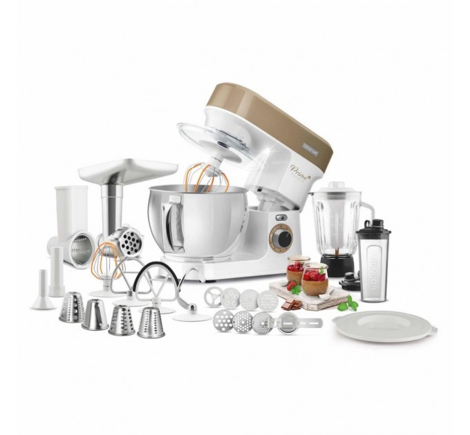 Кухонна машина Sencor 1200Вт, чаша-метал, корпус-пластик, насадок-19, коричнево-білий