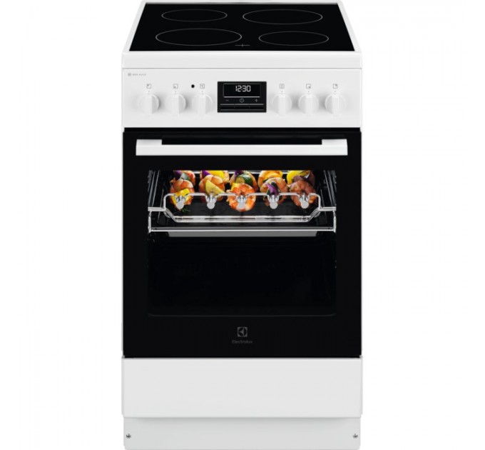 Плита Electrolux электрическая стеклокерамическая, 57л, 50x60см, дисплей, конвекция, противень для барбекю, белый