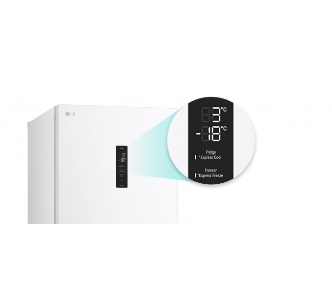 Холодильник LG с нижн. мороз., 203x60х68, холод.отд.-277л, мороз.отд.-107л, 2дв., А++, NF, инв., диспл внешн., Fresh Сonverter, белый